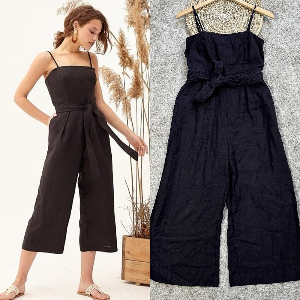 J. Crew Women’s 100% Linen Tie-Waist Jumpsuit Cropped Sleeveless Wide Leg Size 2
